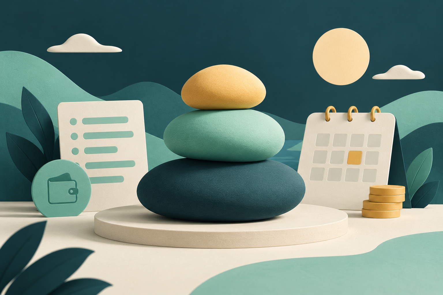 Tres piedras apiladas junto a una lista y un calendario, símbolo de ordenar el dinero