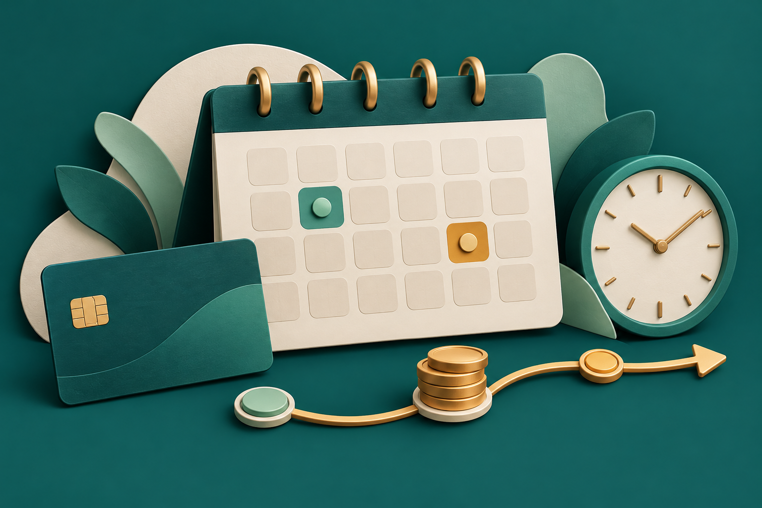 Calendario con dos fechas señaladas, tarjeta de crédito y monedas que avanzan por una línea de tiempo