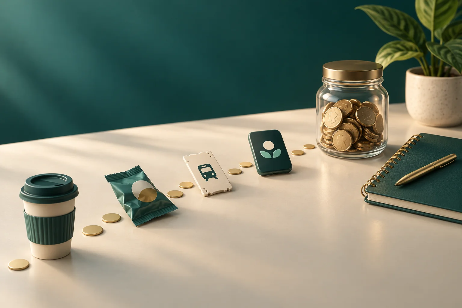 Café, snack y boleto de transporte conducen hacia un frasco de monedas y un cuaderno