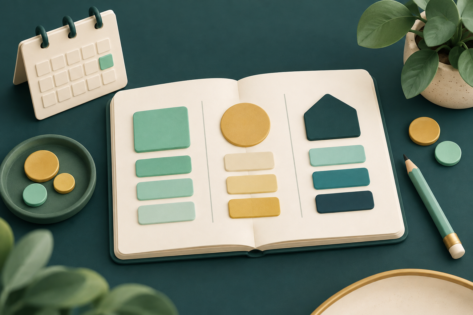 Cuaderno abierto con categorías de presupuesto, calendario y fichas de colores