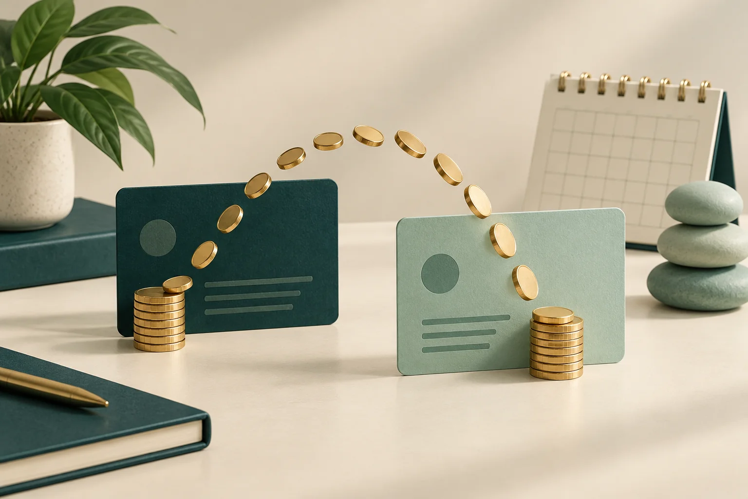 Monedas pasan de una tarjeta a otra junto a un calendario y piedras apiladas